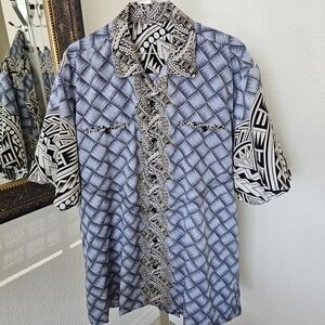 Hawaiian Button-Up Short Sleeve Tribal Polynesian Blue Black Gold Shirt 4XL